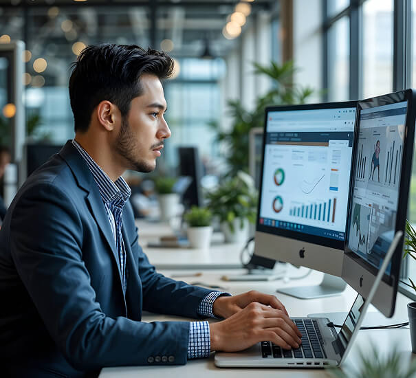 Analyst reviewing e-commerce dashboards on a desktop
