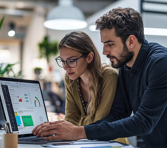 Two colleagues reviewing analytics on a laptop
